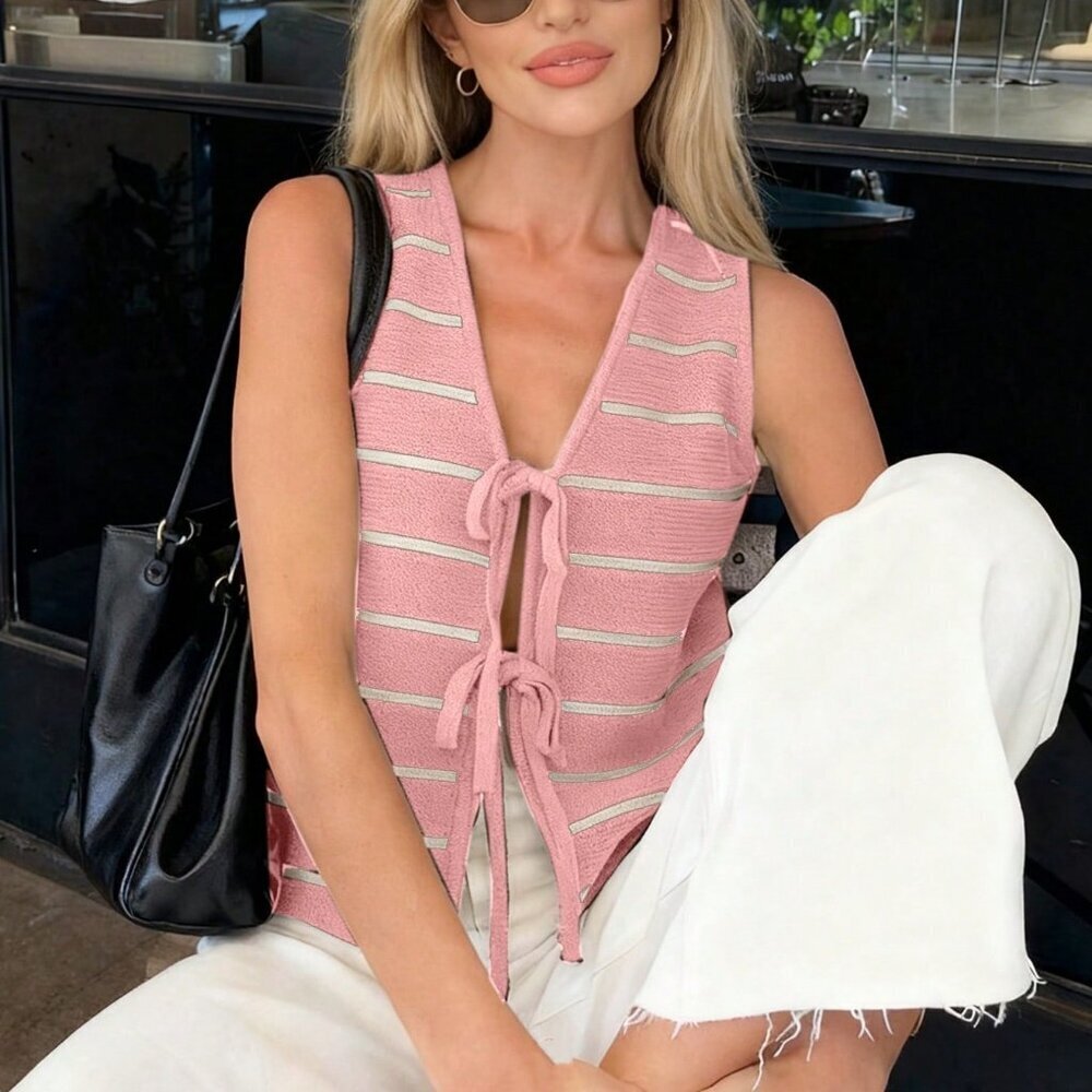 Pink Casual Women's Minimalist V-Neck Striped tie front Vest